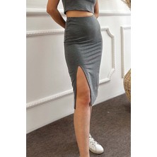 Due Stelle Gri Yırtmaçlı Midi Kalem Etek