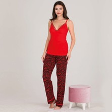Jenny Daphne Lady Kırmızı Viskon Kumaş Kısa Kollu Gömlekli ve Askılı 3 Lü Pijama Takımı 20016