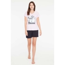 Mod Collection - Kadın Pembe V-Yaka Şort Takımı 3878