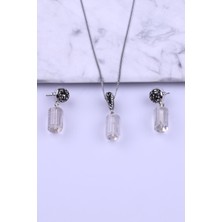 Alibaba Doğaltaş Kristal Kuvars Doğal Taş Silindir Kesim Kolye - Küpe 2'li Set