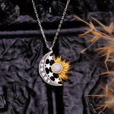 Byes 925 Ayar Gümüş Opal Taşlı Ay Güneş Tasarım Kolye