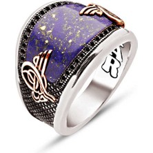 Amberkan ​gümüş Özel Kesim Sıkma Lapis Kenarları Siyah Zirkon Işlemeli Osmanlı Tuğralı Erkek Yüzük