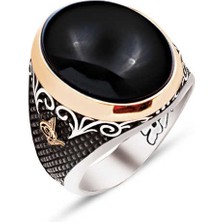 Amberkan ​gümüş Özel Kesim Kapşon Oniks Taş Kenarları Osmanlı Tuğralı Işlemeli Yüzük