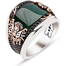 Amberkan ​gümüş Özel Kesim Yeşil Akik Kenarları Siyah Zirkon ve Motifleri Işlemeli Osmanlı Devlet Armalı Erkek Yüzük