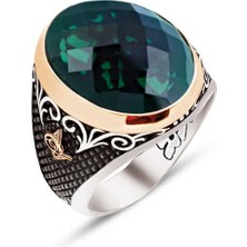 Amberkan ​gümüş Özel Kesim Fasetli Yeşil Zirkon Taş Kenarları Osmanlı Tuğralı Işlemeli Yüzük