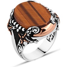 Amberkan Düz Kaplan Gözü Taşlı Kenarları Kılıçlı Erkek Yüzük