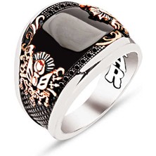 Amberkan ​​​gümüş Özel Kesim Oniks Kenarları Siyah Zirkon ve Motifleri Işlemeli Osmanlı Devlet Armalı Erkek Yüzük