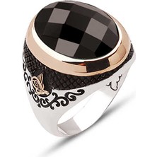 Amberkan ​gümüş Fasetli Siyah Zirkon Taşlı Kenarları Osmanlı Tuğralı Yüzük