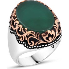 Amberkan Düz Yeşil Akik Taşlı Erkek Yüzük