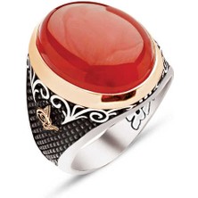 Amberkan ​​gümüş Özel Kesim Kapşon Akik Taş Kenarları Osmanlı Tuğralı Işlemeli Yüzük