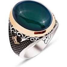 Amberkan ​​​gümüş Özel Kesim Kapşon Yeşil Oniks Taş Kenarları Osmanlı Tuğralı Işlemeli Yüzük