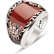 Amberkan ​​gümüş Özel Kesim Akik Kenarlar Işlemeli Osmanlı Devlet Armalı Erkek Yüzük