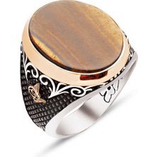 Amberkan ​gümüş Özel Kesim Kaplan Gözü Taş Kenarları Osmanlı Tuğralı Işlemeli Yüzük