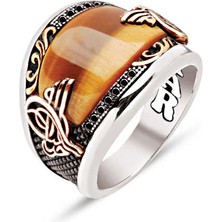 Amberkan ​​gümüş Özel Kesim Kaplan Gözü Kenarları Motif ve Siyah Zirkon Işlemeli Osmanlı Tuğralı Erkek Yüzük
