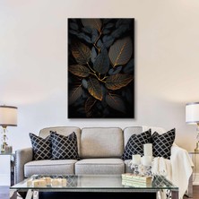 SML Tablo Gold Damarlı Siyah Yapraklar Dekoratif Kanvas Tablo
