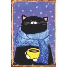 Hayat Poster Kahve Içen Kedi Retro Ahşap Poster