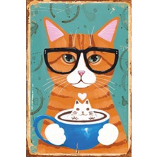 Hayat Poster Kahve Içen Sevimli Kedi Retro Ahşap Poster