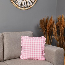 Maxx Deco Ekoseli Fırfırlı Kırlent Kılıfı - Pembe - 43X43 cm