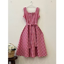 Küçüğüm Butik Kırmızı Pötikare Desen Kare Yaka Askılı Kloş Elbise