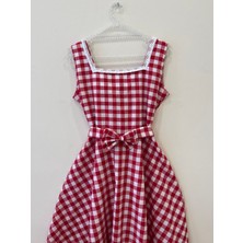 Küçüğüm Butik Kırmızı Pötikare Desen Kare Yaka Askılı Kloş Elbise