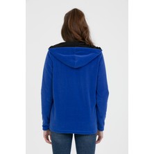 Kadın Indigo Mavi Polar Tam Fermuarlı Kapüşonlu Sweatshirt