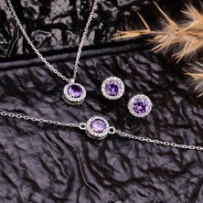 Byes 925 Ayar Gümüş Pırlanta Tasarım Ametist Taşlı Kolye Küpe Bileklik Set