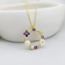 Vaoov 925 Ayar Gümüş Lacivert Taşlı Incili Çiçek Kolye