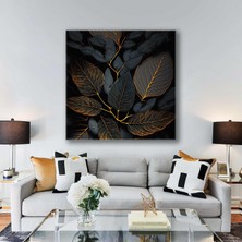 SML Tablo Gold Damarlı Siyah Yapraklar Dekoratif Kanvas Tablo
