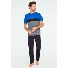 Mod Collection Erkek Saks Mavi Patlı Pijama Takımı Düz Desen ile Nefes Alabilen Konfor