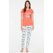 Mod Collection - Kadın Mercan Yuvarlak Yaka Pijama Takımı 3852