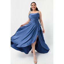 Lafaba Kadın Indigo Volanlı Yırtmaçlı Büyük Beden Saten Abiye Mezuniyet Elbisesi
