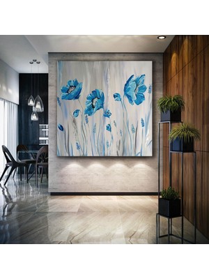 SML Tablo Mavi Beyaz Çiçek Bitki Doğa Manzara Dekor Kanvas Tablo