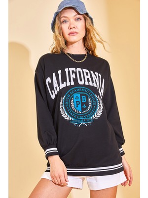 Xhan Siyah California Baskılı Bisiklet Yaka Sweatshirt 3KXK8-46805-02