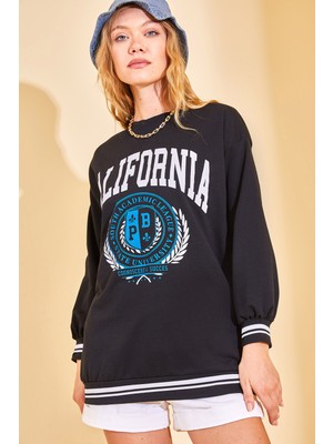 Xhan Siyah California Baskılı Bisiklet Yaka Sweatshirt 3KXK8-46805-02