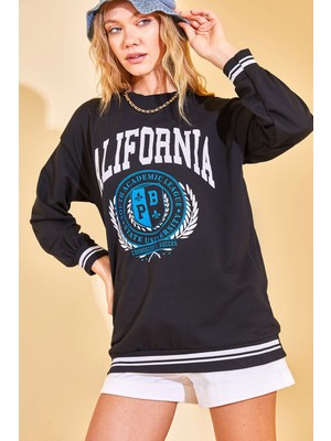 Xhan Siyah California Baskılı Bisiklet Yaka Sweatshirt 3KXK8-46805-02