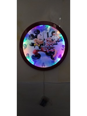 Bahat Ledli Işıklı Çocuk Odası Mickey Mouse Duvar Saati Aplik 35 cm Metal Kırmızı