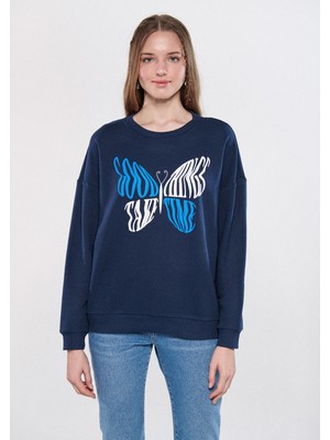 Mavi Kadın Kelebek Baskılı Lacivert Sweatshirt 1611407-70488