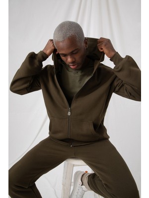 Gothamvibes Erkek Oversize Fermuarlı Kapüşonlu Haki Sweatshirt