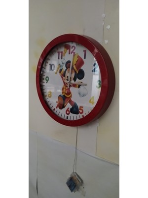 Bahat Ledli Işıklı Çocuk Odası Mickey Mouse Duvar Saati Aplik 35 cm Metal Kırmızı C8