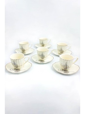 Çanak Sepeti Porselen 6 Kişilik Tuğra Kahve Fincanı Takımı 90ML