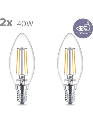 Sumeno Led Classic 40W B35 Led Mum Filament Ampul, 2700K Sarı Işık, E14 Ince Duy, Dim Edilmez, 2'li Ekopaket