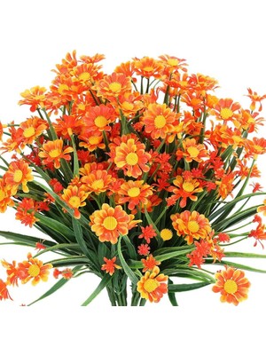 Nettenevime 6lı Set Yapay Çiçek Turuncu Papatya 7 Dallı Plastik Dekoratif Yapay Bitki