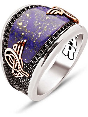 Amberkan ​gümüş Özel Kesim Sıkma Lapis Kenarları Siyah Zirkon Işlemeli Osmanlı Tuğralı Erkek Yüzük