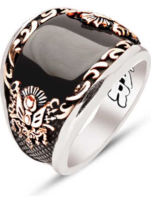 Amberkan ​gümüş Özel Kesim Oniks Kenarları Işlemeli Osmanlı Devlet Armalı Erkek Yüzük