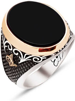 Amberkan ​gümüş Özel Kesim Oniks Taş Kenarları Osmanlı Tuğralı Işlemeli Yüzük