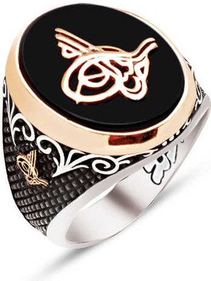 Amberkan ​gümüş Özel Kesim Oniks Taş Üstü ve Kenarları Osmanlı Tuğralı Işlemeli Yüzük