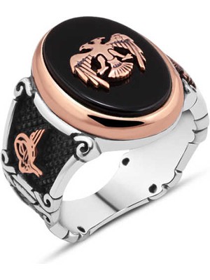 Amberkan Düz Oniks Taş Üzeri Selçuklu Kartalı Erkek Yüzük