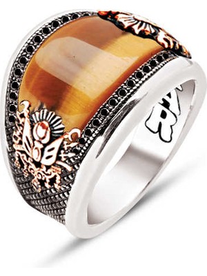 Amberkan ​​gümüş Özel Kesim Kaplan Gözü Kenarları Siyah Zirkon Işlemeli Osmanlı Devlet Armalı Erkek Yüzük