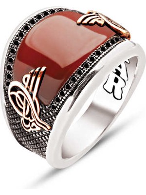 Amberkan ​​​gümüş Özel Kesim Akik Kenarları Siyah Zirkon Işlemeli Osmanlı Tuğralı Erkek Yüzük
