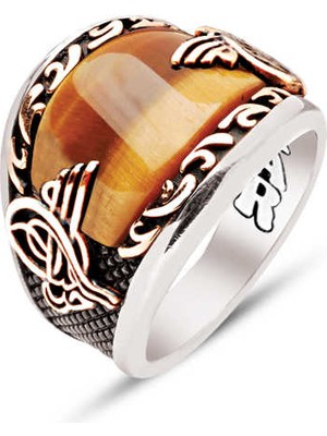 Amberkan ​​gümüş Özel Kesim Kaplan Gözü Kenarları Işlemeli Osmanlı Tuğralı Erkek Yüzük
